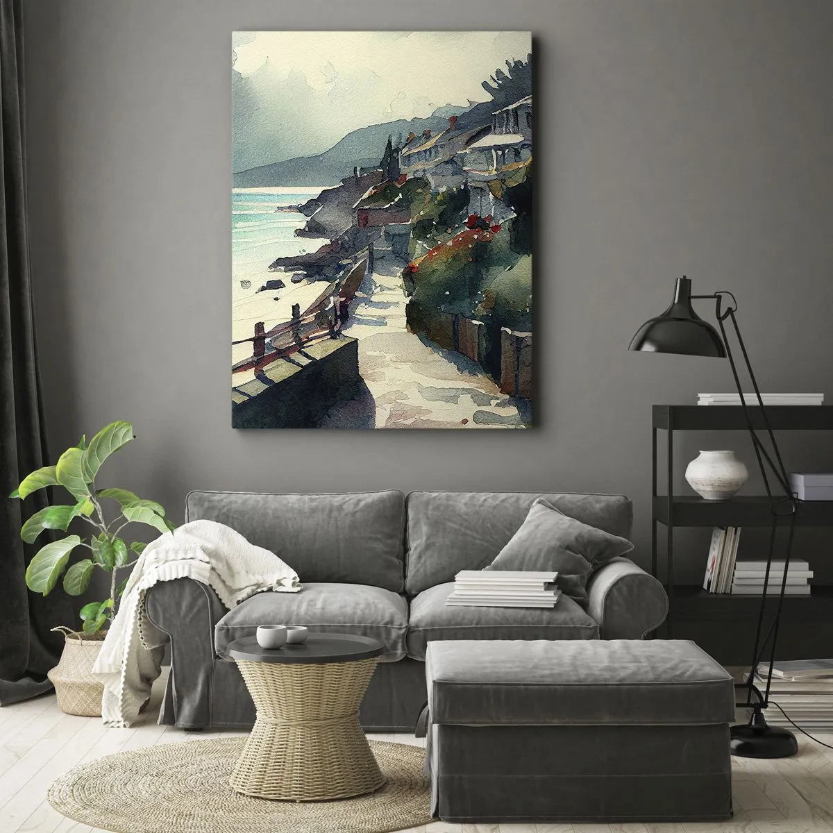Impression sur toile - Image sur toile - Promenade en bord de mer avec maisons et végétation - 70x100cm - Ville méditerranéenne - Décoration murale moderne pour le salon et la chambre ARTTOR