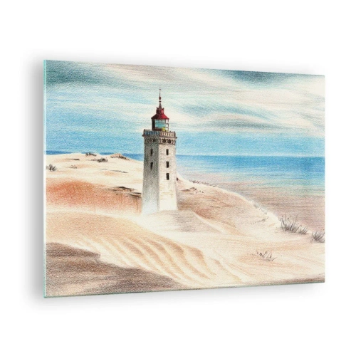 Impression sur verre - Image sur verre - Un phare sur une dune du désert au bord d'une mer calme - 70x50cm - Toujours regarder la mer - Décoration murale moderne pour le salon et la chambre ARTTOR