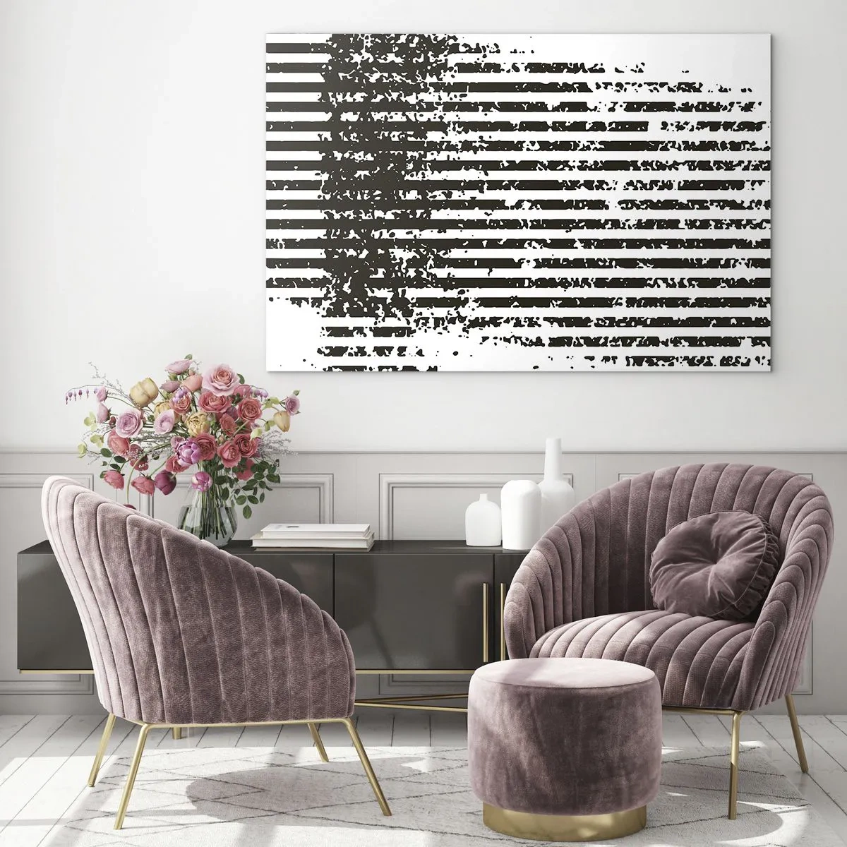 Impression sur verre - Image sur verre - Lignes horizontales noires et blanches avec effets de bruit et d'abrasion - 120x80cm - Rythme et bruissement - Décoration murale moderne pour le salon et la chambre ARTTOR