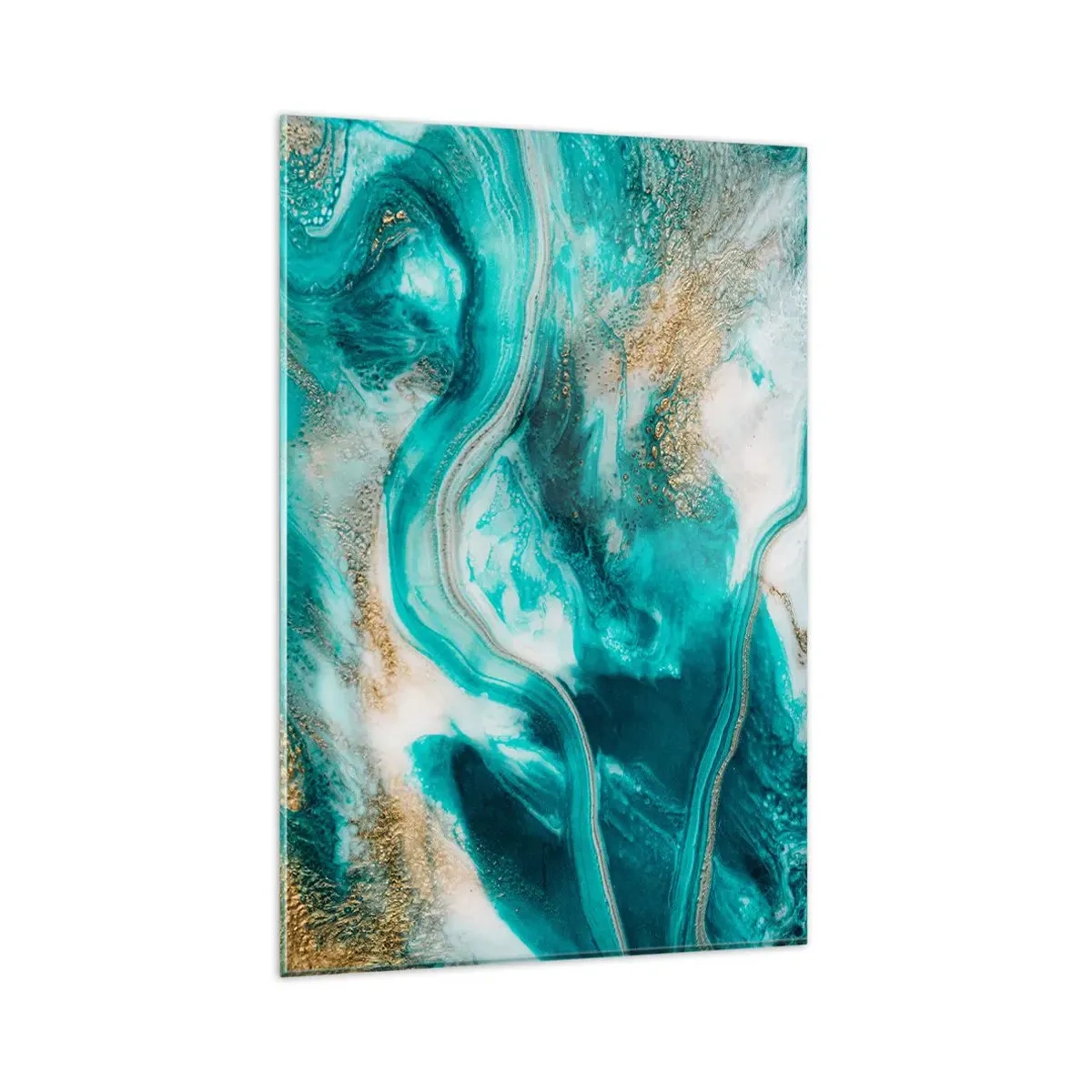 Impression sur verre - Image sur verre - Abstraction turquoise avec des accents blancs et dorés - 80x120cm - Rivière d'or - Décoration murale moderne pour le salon et la chambre ARTTOR