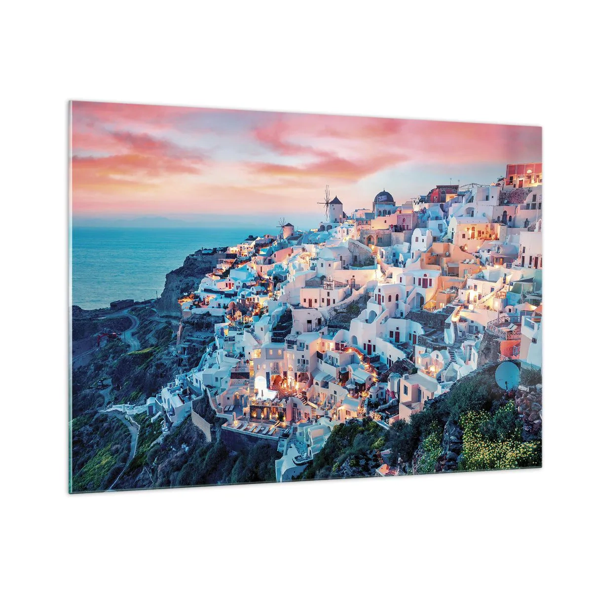 Impression sur verre - Image sur verre - Ville grecque perchée sur une falaise au crépuscule surplombant la mer - 100x70cm - Vos grandes vacances en Grèce - Décoration murale moderne pour le salon et la chambre ARTTOR