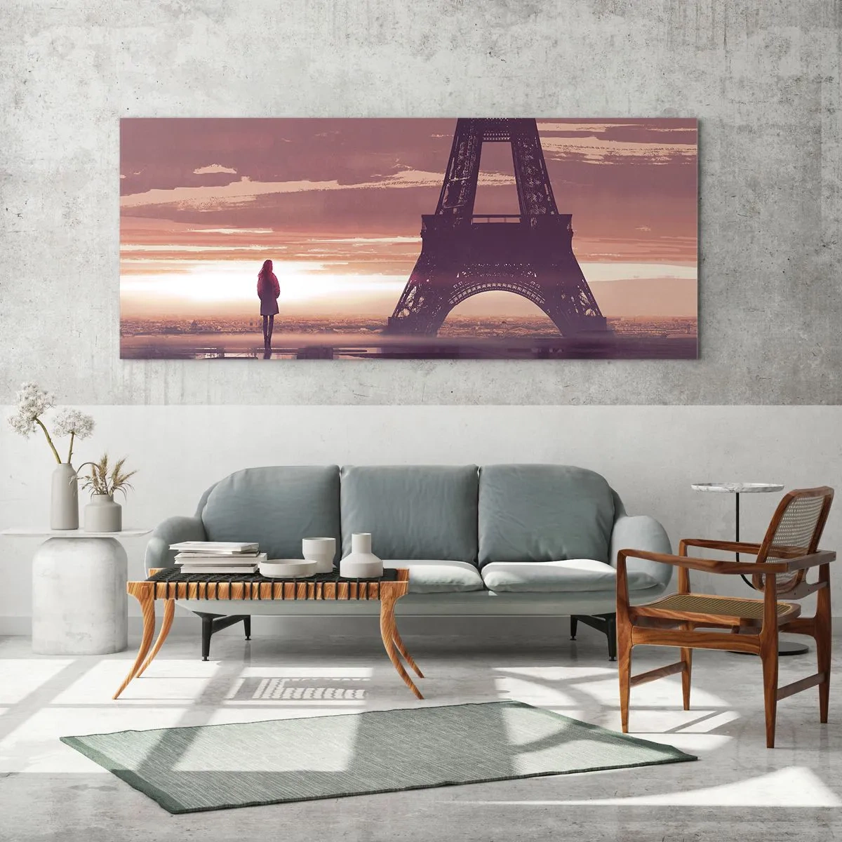 Impression sur verre - Image sur verre - Une silhouette regardant la Tour Eiffel à la lumière du soleil couchant - 140x50cm - Seulement deux d'entre eux - Décoration murale moderne pour le salon et la chambre ARTTOR