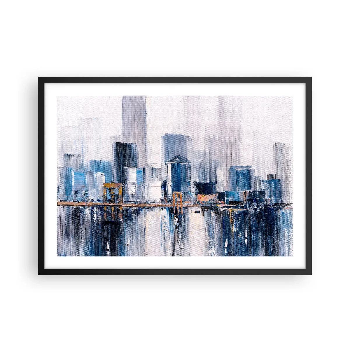 Affiche dans un cadre noir - Poster - Panorama urbain abstrait avec des nuances de bleu et de jaune - 70x50cm - Impression new-yorkaise - Décoration murale moderne pour le salon et la chambre ARTTOR