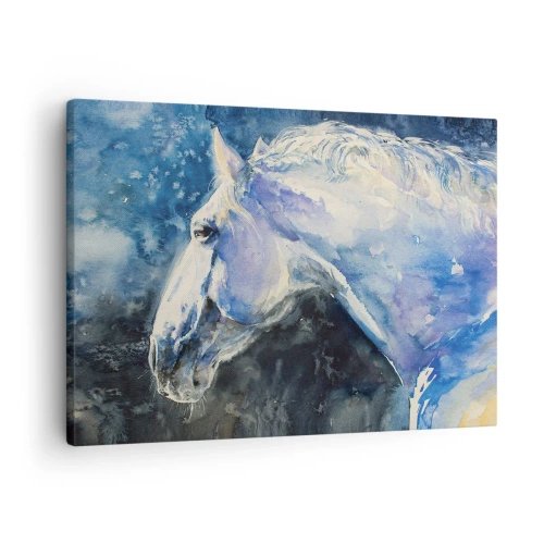 Impression sur toile - Image sur toile - Portrait d'un cheval dans des tons de bleu avec un effet aquarelle pictural. - 70x50cm - Portrait dans une lueur azur - Décoration murale moderne pour le salon et la chambre ARTTOR