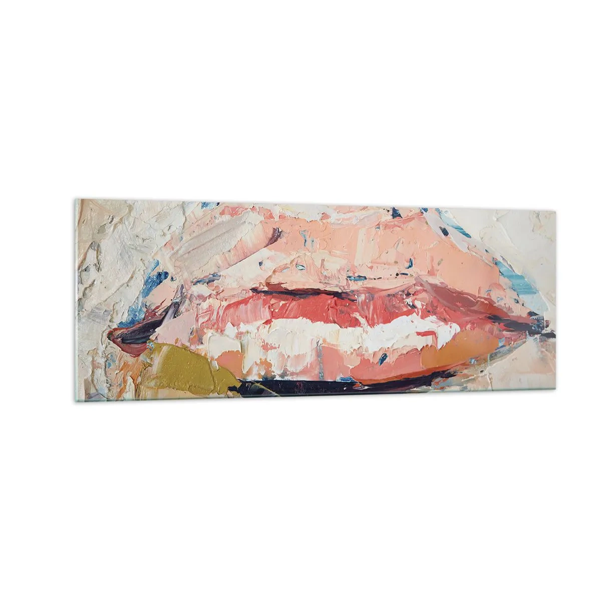 Impression sur verre - Image sur verre - Une composition abstraite représentant les lèvres d'une femme aux couleurs pastel. - 140x50cm - Éveil la pensée - Décoration murale moderne pour le salon et la chambre ARTTOR