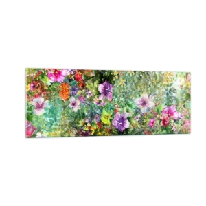 Impression sur verre - Image sur verre - Une composition florale colorée sur fond vert - 140x50cm - En fleurs pour la perdition - Décoration murale moderne pour le salon et la chambre ARTTOR