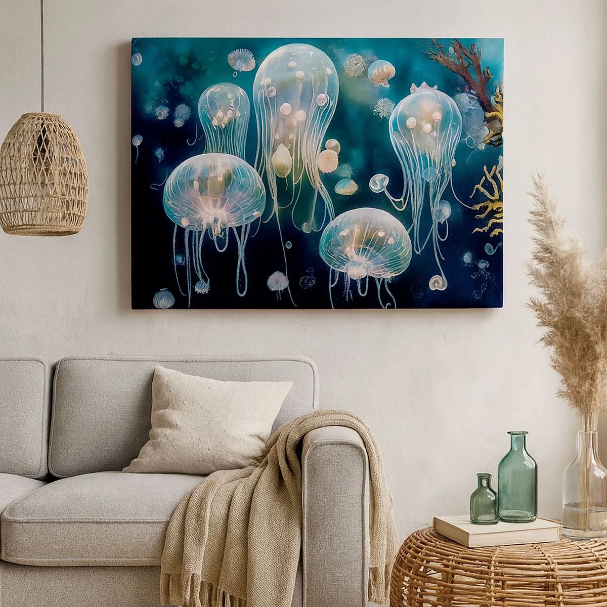 Impression sur toile - Image sur toile - Méduses délicates dans le monde sous-marin - 70x50cm - Ballon sous-marin - Décoration murale moderne pour le salon et la chambre ARTTOR