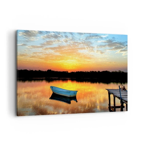 Impression sur toile - Image sur toile - Un bateau sur un lac calme au coucher du soleil - 100x70cm - Regardez, écoutez, méditez - Décoration murale moderne pour le salon et la chambre ARTTOR