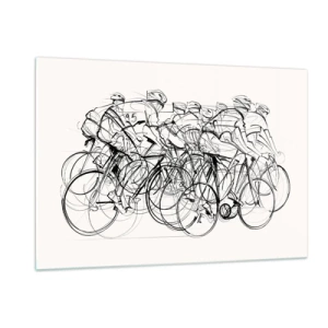 Impression sur verre - Image sur verre - Croquis d'un groupe de cyclistes lors d'une course sur fond blanc - 120x80cm - Ensemble en équipe - Décoration murale moderne pour le salon et la chambre ARTTOR