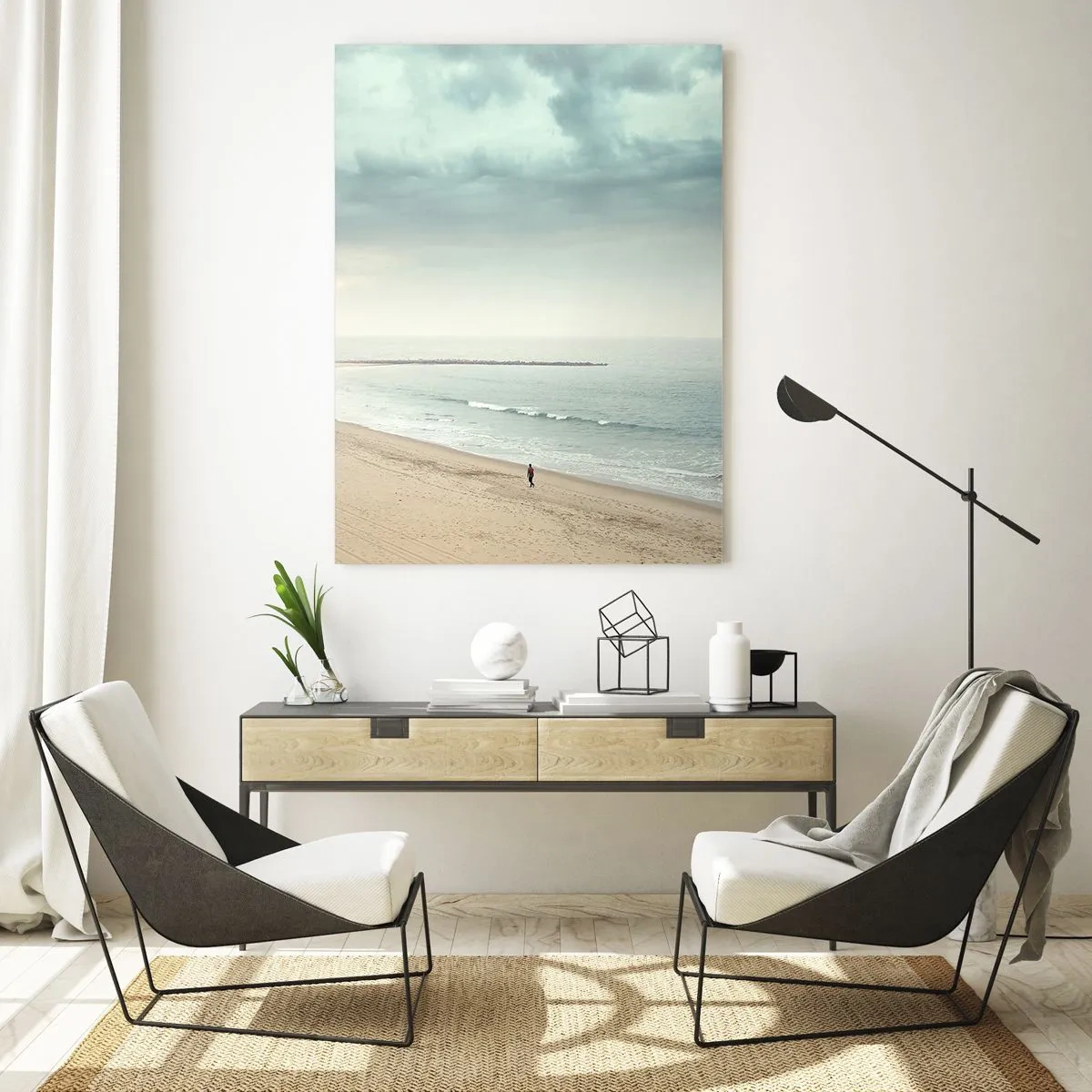 Impression sur verre - Image sur verre - Une silhouette se promenant sur une plage déserte au bord d'une mer calme - 50x70cm - à la recherche de la paix - Décoration murale moderne pour le salon et la chambre ARTTOR