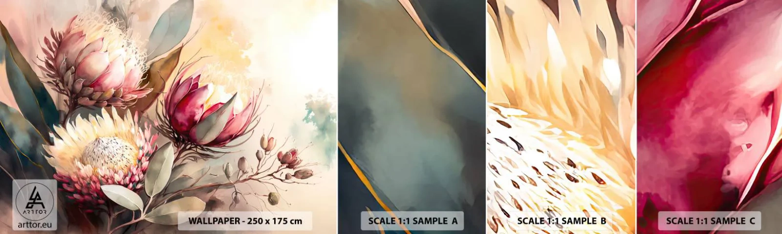 Échantillon de Papier Peint Autocollant Deluxe Sticker - De profil et de face - Fleurs, Art Déco, Botanique - 100x30 cm