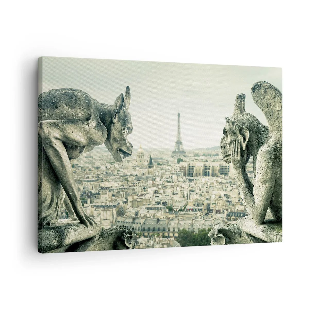 Impression sur toile - Image sur toile - Gargouilles surplombant les toits de Paris et la Tour Eiffel - 70x50cm - Bavardage parisien - Décoration murale moderne pour le salon et la chambre ARTTOR