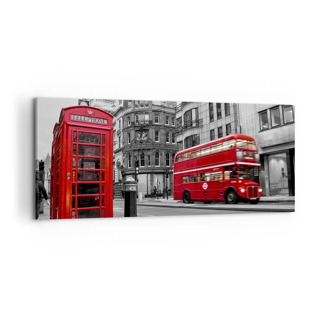 Impression sur toile - Image sur toile - Une cabine téléphonique rouge et un bus à impériale à Londres avec la ville en arrière-plan - 120x50cm - Le plus rouge d'Europe - Décoration murale moderne pour le salon et la chambre ARTTOR