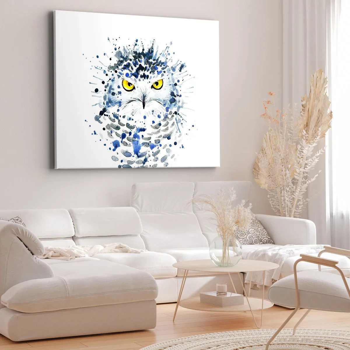 Impression sur toile - Image sur toile - Portrait abstrait d'un hibou aux couleurs bleu et jaune - 120x80cm - Droit dans les yeux - Décoration murale moderne pour le salon et la chambre ARTTOR