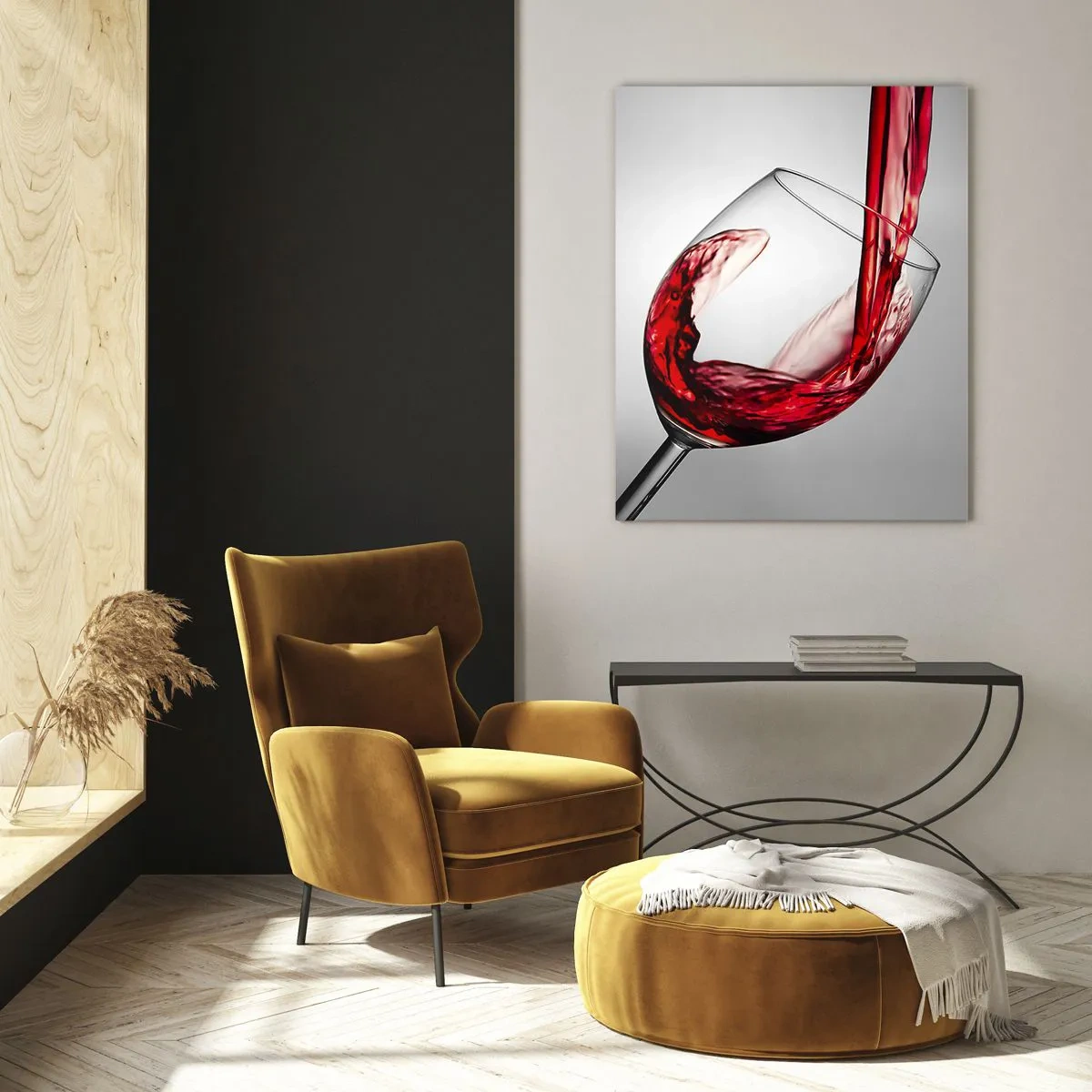 Impression sur verre - Image sur verre - Du vin rouge versé dans un verre sur un fond clair - 50x70cm - Nuance - mouvement - son - Décoration murale moderne pour le salon et la chambre ARTTOR