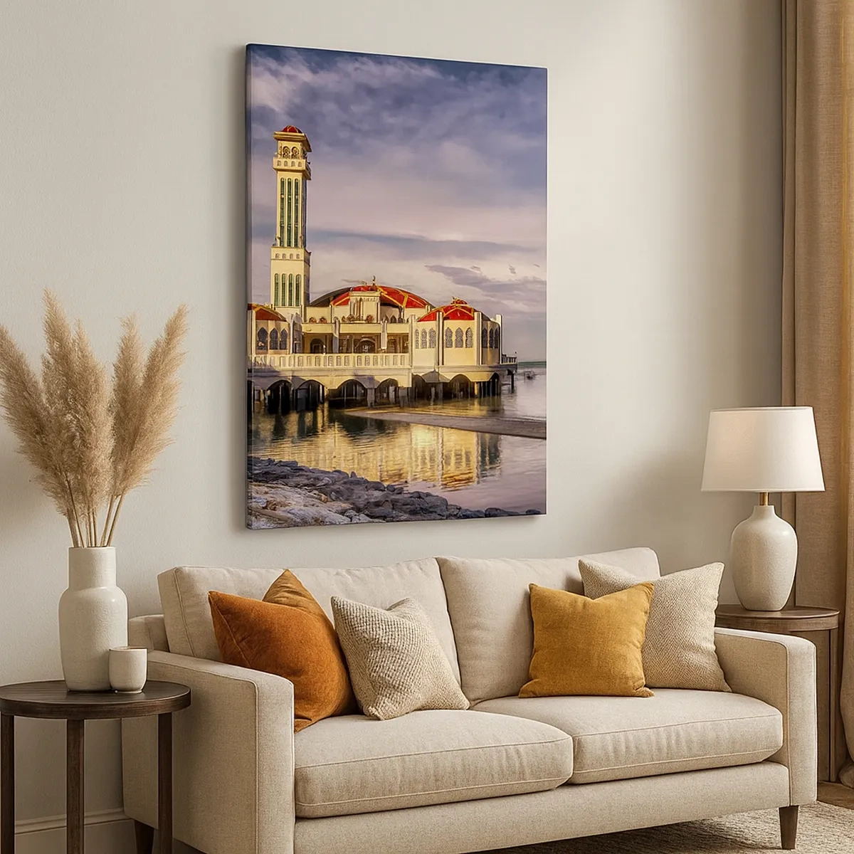 Impression sur toile - Image sur toile - Un bâtiment impressionnant avec un minaret sur l'eau entouré d'un paysage paisible - 50x70cm - Temple de la nature - Décoration murale moderne pour le salon et la chambre ARTTOR