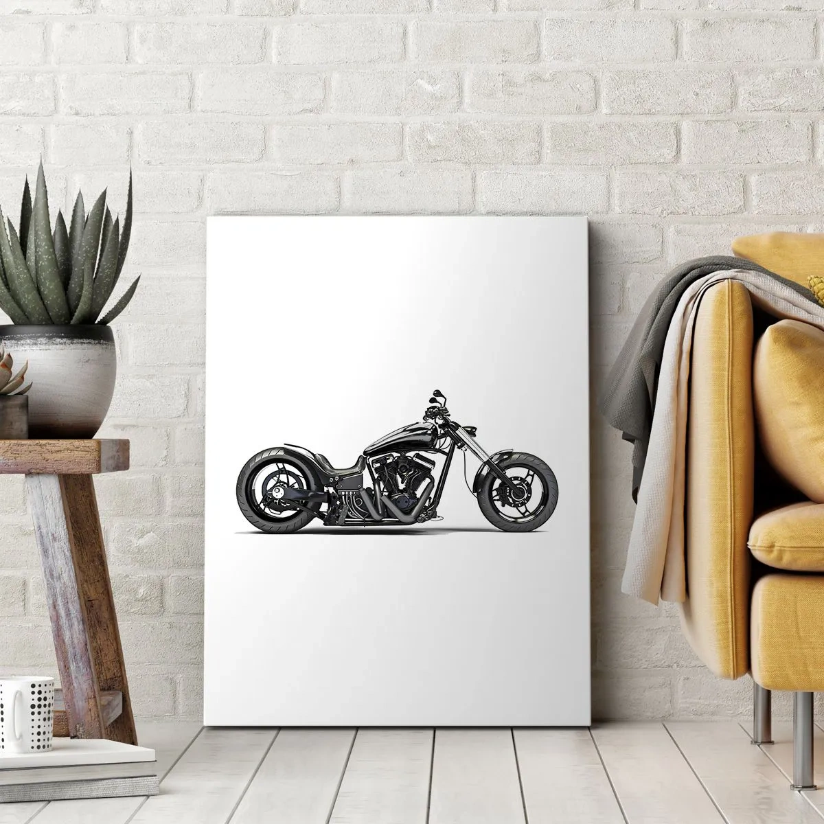 Impression sur toile - Image sur toile - Moto customisée noire élégante sur fond blanc - 80x120cm - Pour ceux qui aiment la liberté - Décoration murale moderne pour le salon et la chambre ARTTOR
