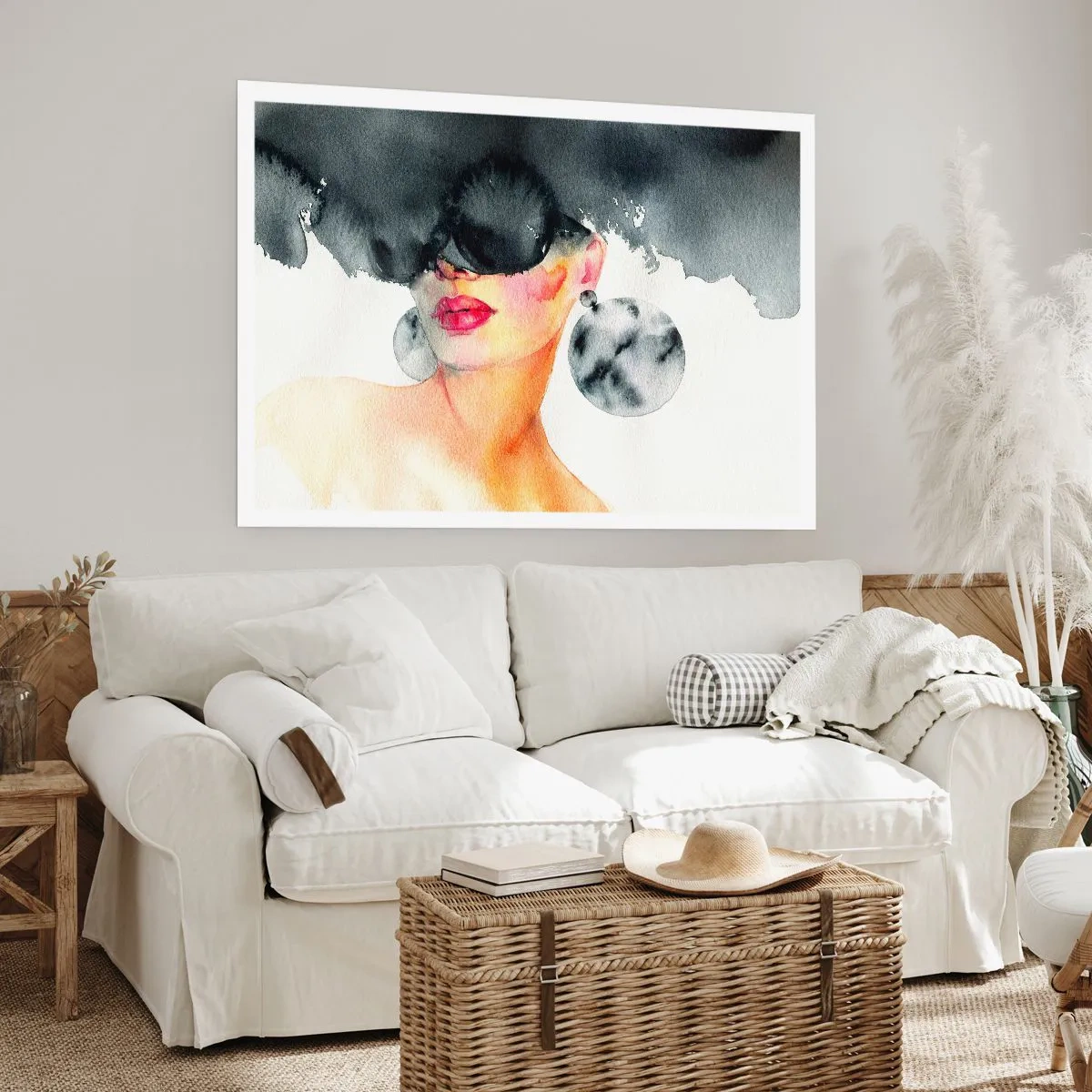 Affiche - Poster - Une femme portant des lunettes élégantes et de grandes boucles d'oreilles - 100x70cm - Secret de l'élégance - Décoration murale moderne pour le salon et la chambre ARTTOR