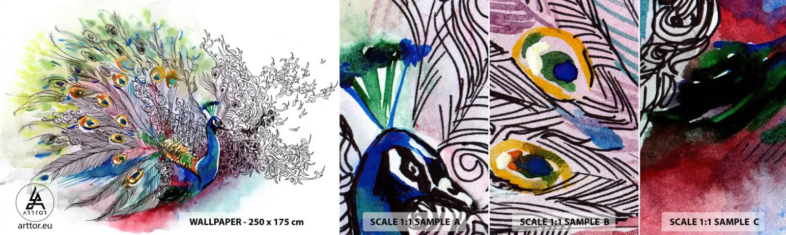 Échantillon De Papier Peint Standard Eco - Avec fierté contre la grisaille - Oiseau, Paon, Plumes - 100x30 cm
