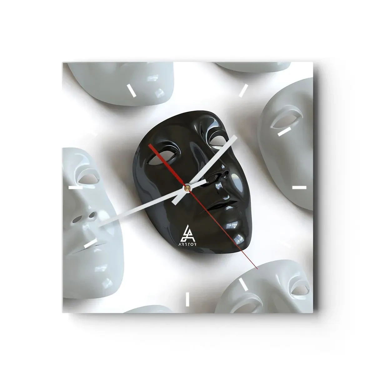 Horloge murale - Pendule murale - Masques noirs et blancs sur fond clair - 30x30cm - Comment se démarquer ? - Décoration murale moderne pour le salon et la chambre ARTTOR