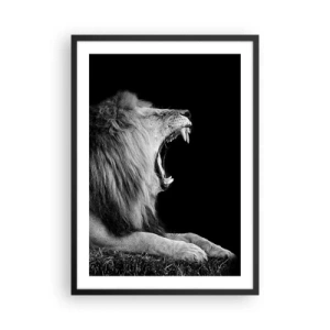 Affiche dans un cadre noir - Poster - Un lion rugissant en monochrome - 50x70cm - Sans aucun doute - Décoration murale moderne pour le salon et la chambre ARTTOR