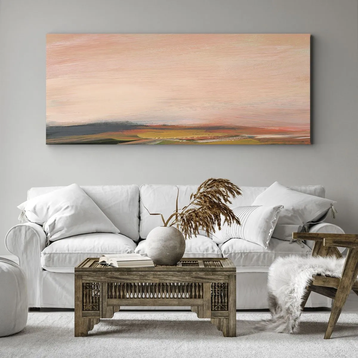 Impression sur toile - Image sur toile - Un paysage aux tons roses et dorés - 160x50cm - Dans les tons de roses - Décoration murale moderne pour le salon et la chambre ARTTOR