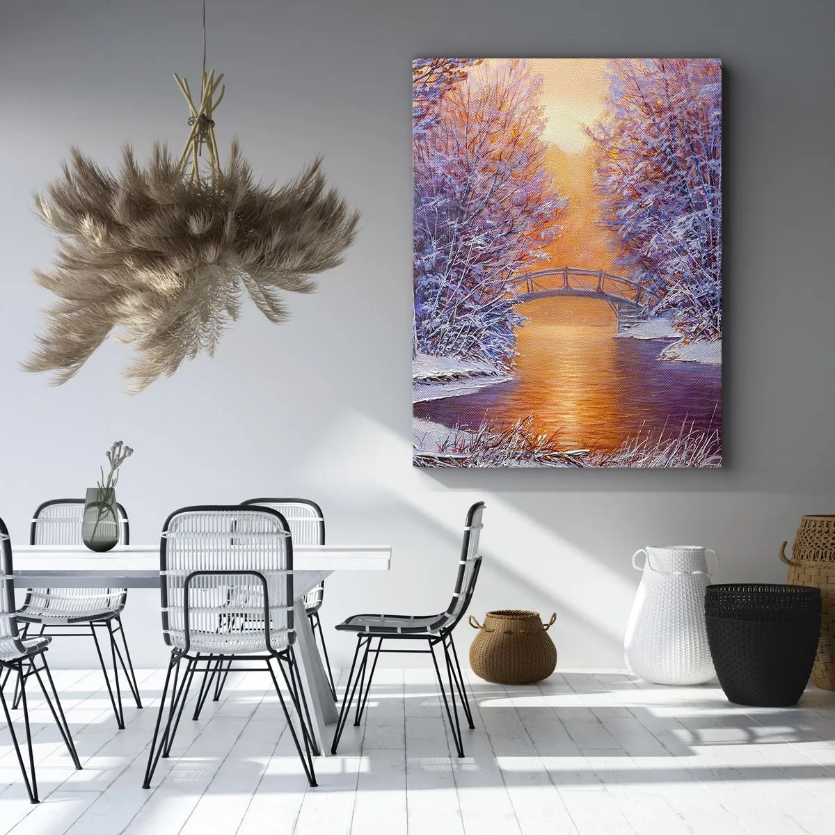 Impression sur toile - Image sur toile - Paysage d'hiver avec un pont et un coucher de soleil - 50x70cm - On se rencontre ici - Décoration murale moderne pour le salon et la chambre ARTTOR