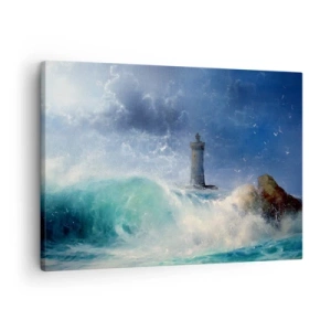 Impression sur toile - Image sur toile - Un phare entouré de vagues agitées et de nuages - 70x50cm - En garde contre les éléments - Décoration murale moderne pour le salon et la chambre ARTTOR