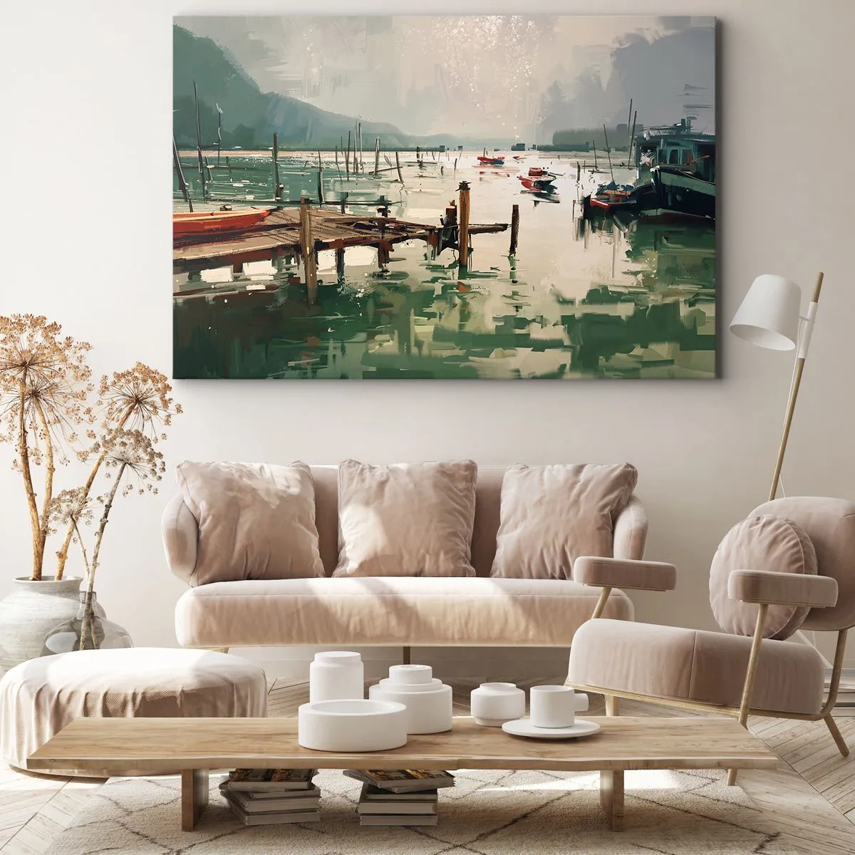 Impression sur toile - Image sur toile - Un port pittoresque avec des bateaux sur une eau calme - 100x70cm - Trempé dans une lune en fusion - Décoration murale moderne pour le salon et la chambre ARTTOR