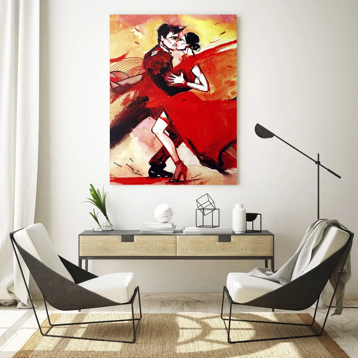 Impression sur verre - Image sur verre - Un couple dansant dans une composition rouge dynamique - 50x70cm - Le rythme violet de la passion - Décoration murale moderne pour le salon et la chambre ARTTOR