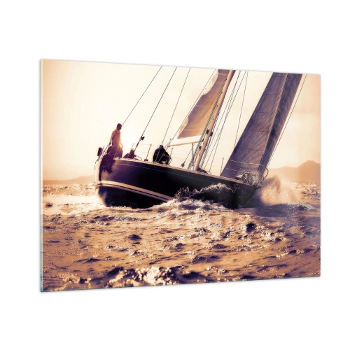 Impression sur verre - Image sur verre - Un voilier sur une mer agitée aux tons chauds - 100x70cm - Navigue, marin - Décoration murale moderne pour le salon et la chambre ARTTOR