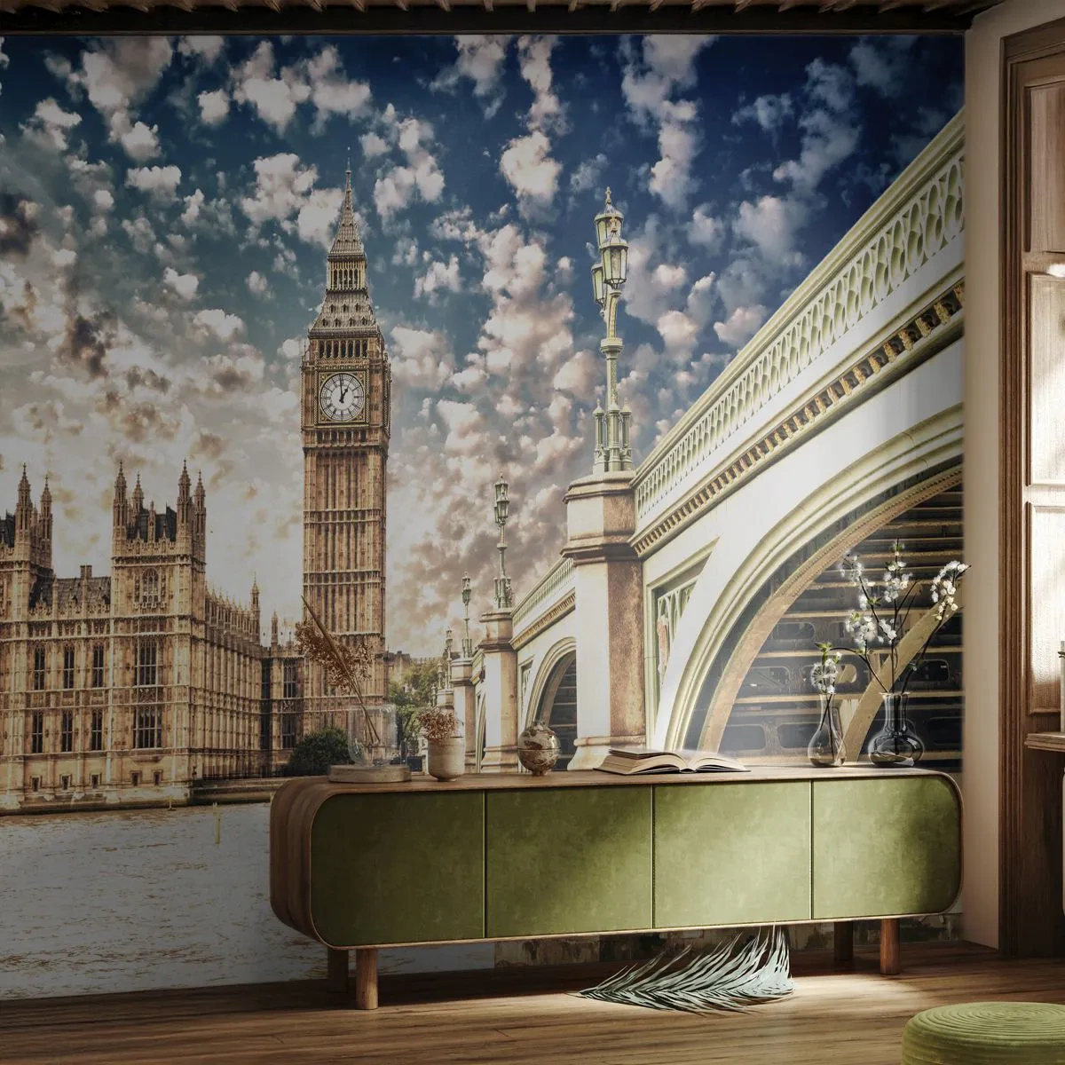 Papier Peint Photo Premium Canvas - Big Ben et le pont de Westminster illuminés par le soleil à Londres - 100x70cm - Nuages