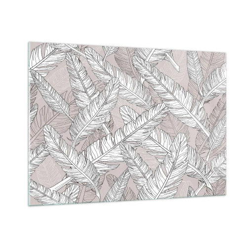 Impression sur verre - Image sur verre - Feuilles noires et blanches sur fond beige dans un style graphique - 100x70cm - Un tourbillon de plumes - Décoration murale moderne pour le salon et la chambre ARTTOR