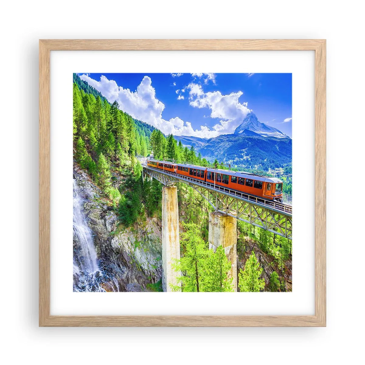 Affiche dans un chêne clair - Poster - Train dans les Alpes - 40x40 cm