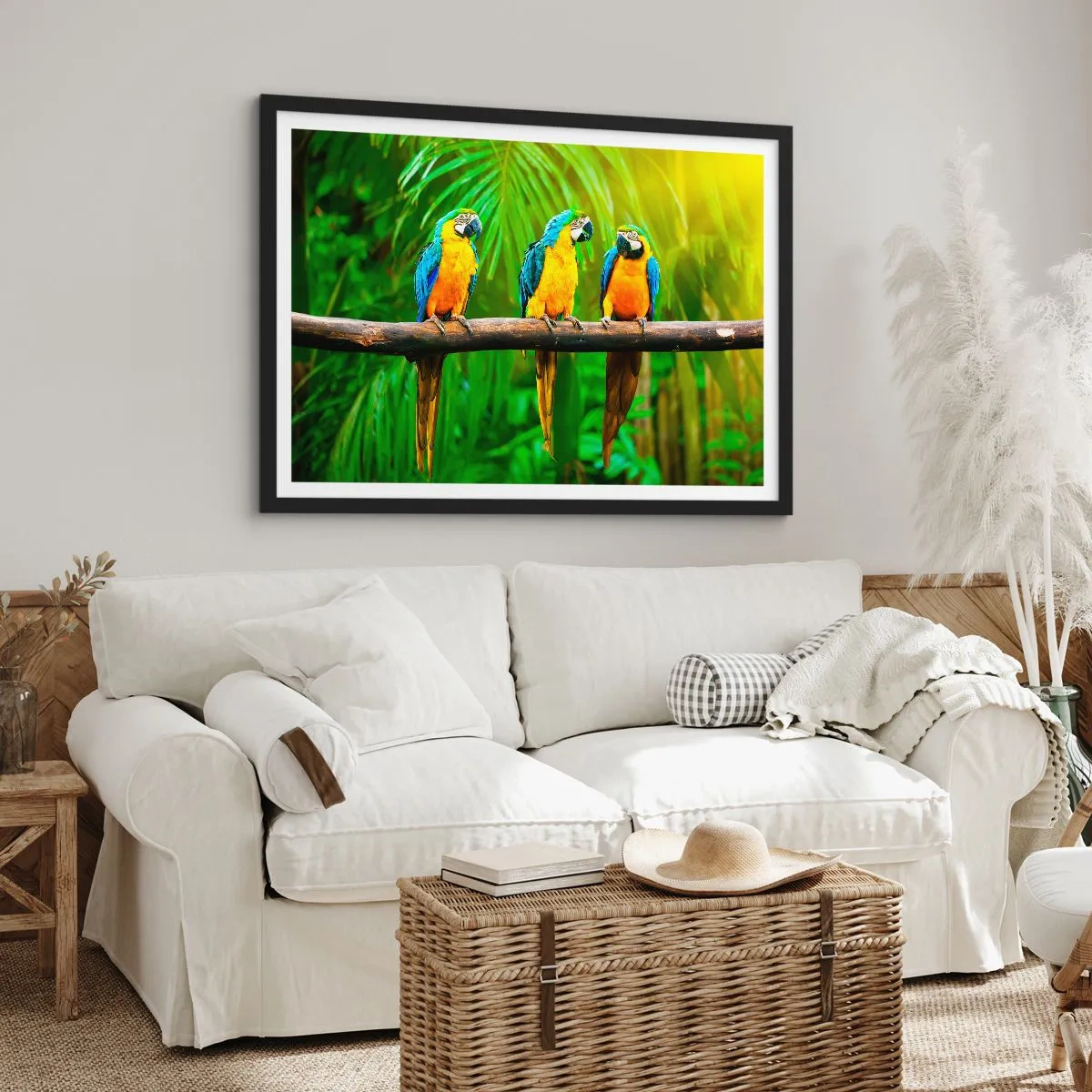 Affiche dans un cadre noir - Poster - Trois perroquets colorés sur fond de verdure tropicale - 70x50cm - Et avez-vous entendu qu'elle ...? - Décoration murale moderne pour le salon et la chambre ARTTOR