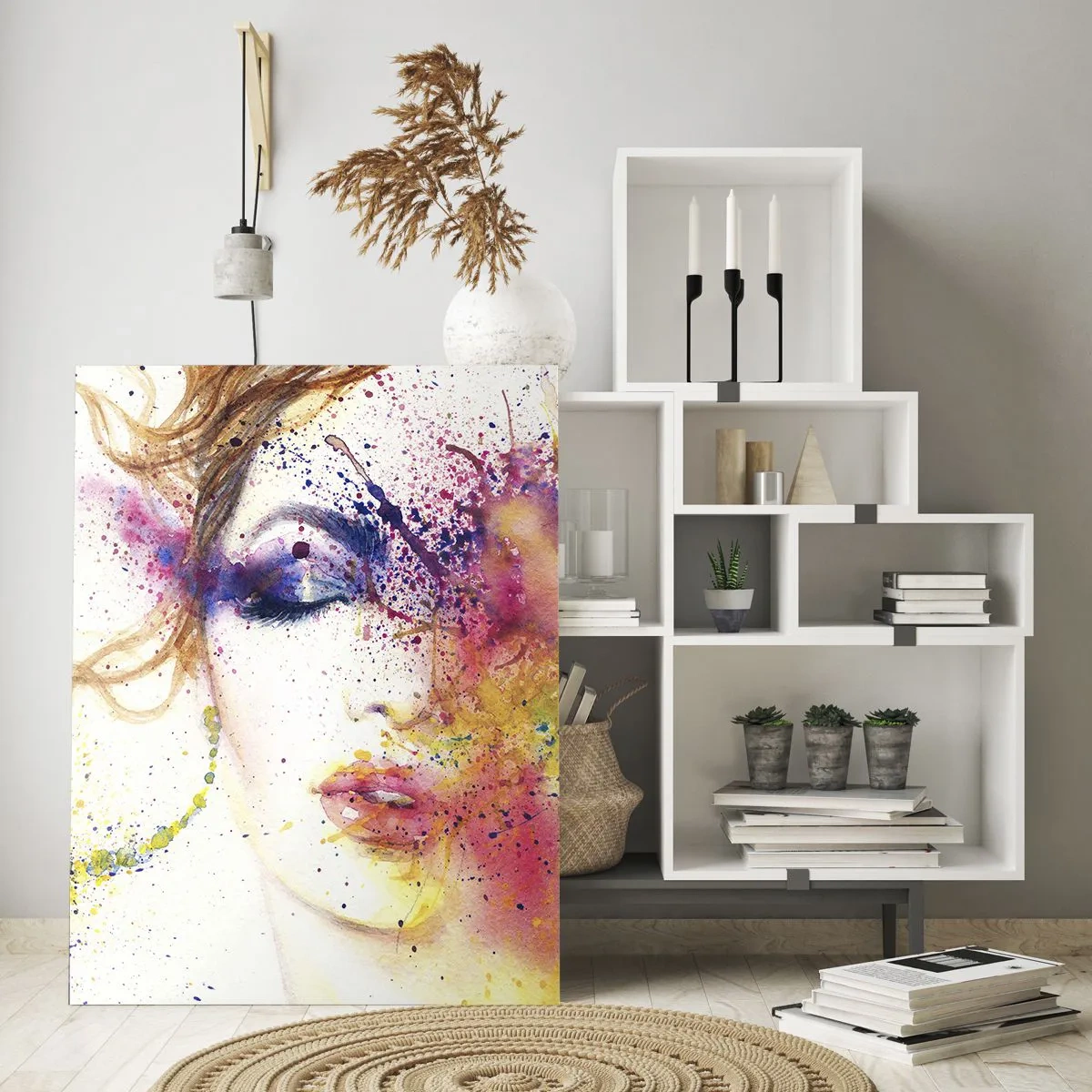 Impression sur verre - Image sur verre - Un portrait artistique d'une femme aux couleurs aquarelles expressives. - 70x100cm - Vertiges arc-en-ciel - Décoration murale moderne pour le salon et la chambre ARTTOR