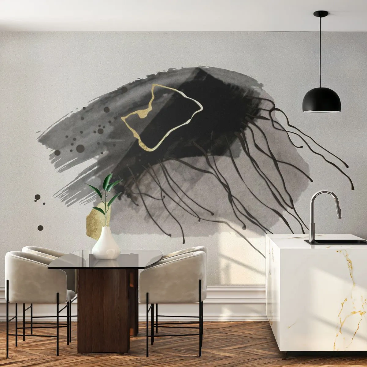 Papier Peint Photo Standard Eco - En noir et en or - Abstraction, Morceau, Graphique - 200x140 cm