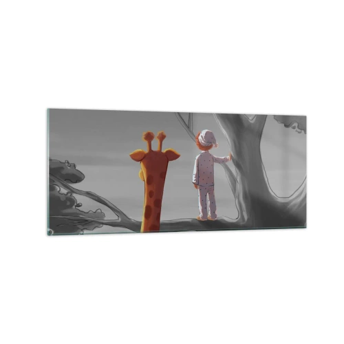 Impression sur verre - Image sur verre - Un enfant et une girafe sur une branche d'arbre dans un paysage de conte de fées - 120x50cm - Cela arrive vraiment - Décoration murale moderne pour le salon et la chambre ARTTOR