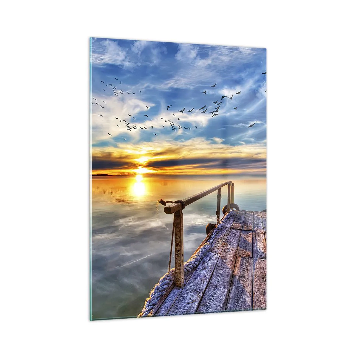 Impression sur verre - Image sur verre - Jetée au bord du lac au coucher du soleil avec des oiseaux dans le ciel - 50x70cm - Le vent se repose - Décoration murale moderne pour le salon et la chambre ARTTOR