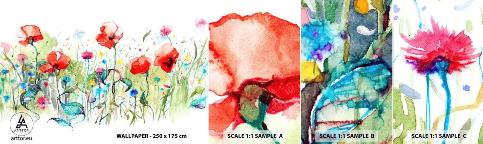 Échantillon de Papier Peint Autocollant Deluxe Sticker - Prairie de fleurs en mai - Fleurs, Coquelicots, Jardin - 100x30 cm