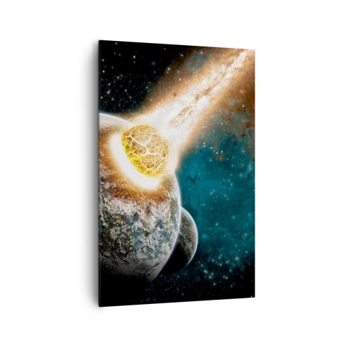 Impression sur toile - Image sur toile - Collision cosmique d'une planète avec un astéroïde à proximité de la galaxie. - 80x120cm - Destruction ou naissance? - Décoration murale moderne pour le salon et la chambre ARTTOR