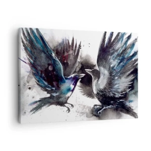 Impression sur toile - Image sur toile - Corbeaux artistiques dans une composition aquarelle dynamique - 70x50cm - Le corbeau des corbeaux - Décoration murale moderne pour le salon et la chambre ARTTOR