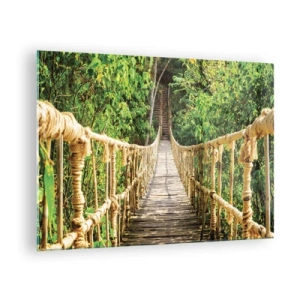 Impression sur verre - Image sur verre - Un pont de corde en bois entouré d'une végétation luxuriante - 70x50cm - Suspendu dans la nature - Décoration murale moderne pour le salon et la chambre ARTTOR