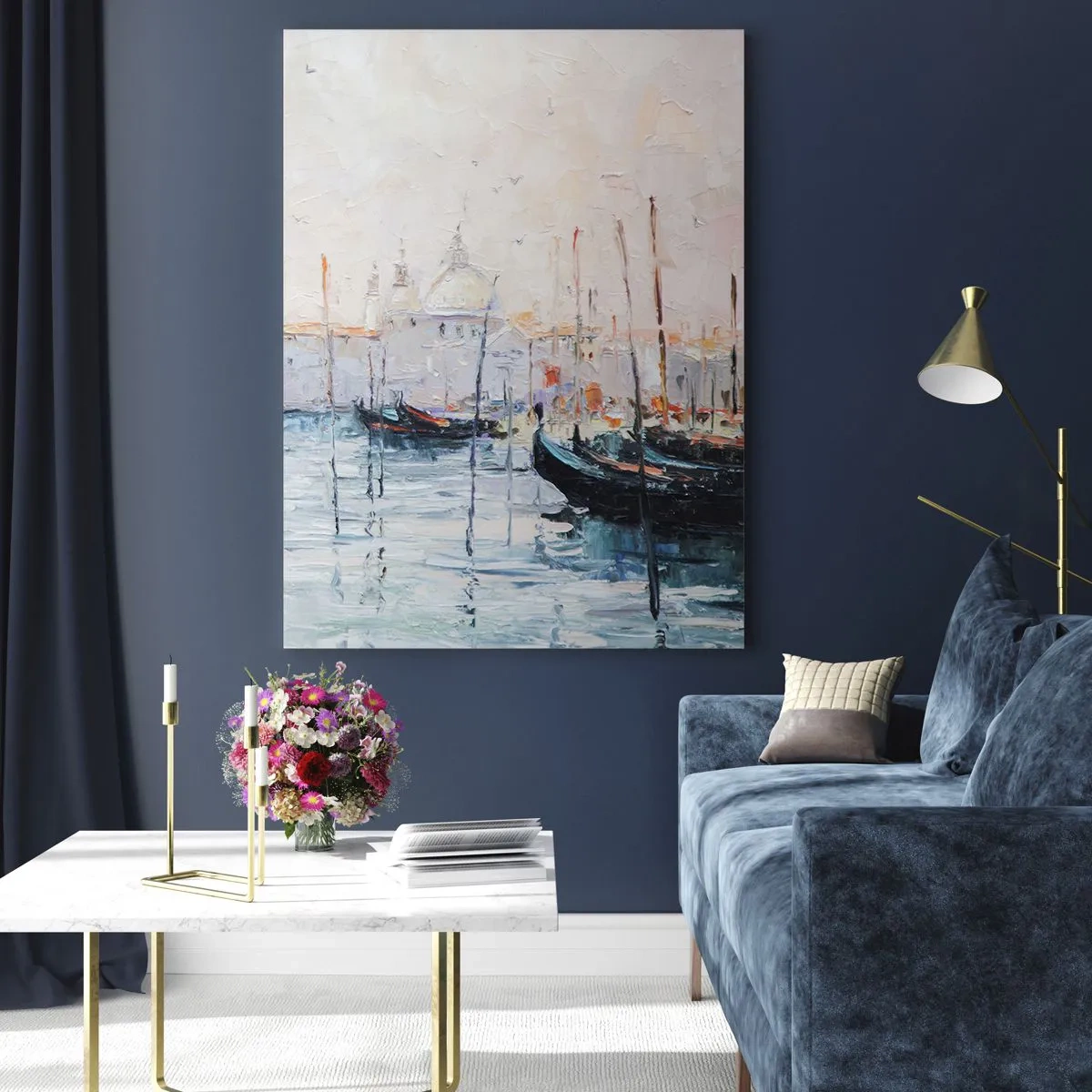 Impression sur verre - Image sur verre - Paysage impressionniste avec bateaux et bâtiments - 50x70cm - Derrière l'eau, derrière le brouillard - Décoration murale moderne pour le salon et la chambre ARTTOR