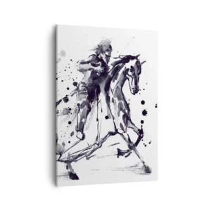 Impression sur toile - Image sur toile - Aquarelle noir et blanc d'un cavalier sur un cheval au galop - 50x70cm - Chevalier noir - Décoration murale moderne pour le salon et la chambre ARTTOR