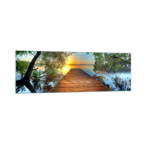 Impression sur verre - Image sur verre - Une jetée en bois entourée de verdure au coucher du soleil - 160x50cm - Prenez votre temps, asseyez-vous - Décoration murale moderne pour le salon et la chambre ARTTOR