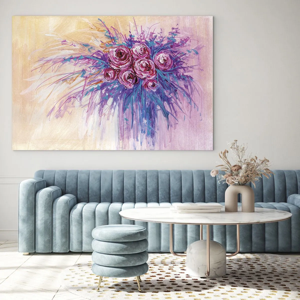 Impression sur verre - Image sur verre - Un bouquet de roses dans les tons de rose et de violet sur un fond pastel - 120x80cm - Fontaine aux roses - Décoration murale moderne pour le salon et la chambre ARTTOR