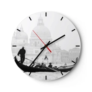 Horloge murale - Pendule murale - Une gondole avec un gondolier devant la cathédrale de Venise en noir et blanc. - 30x30cm - Voyage aux sources de la beauté - Décoration murale moderne pour le salon, la cuisine et la chambre ARTTOR