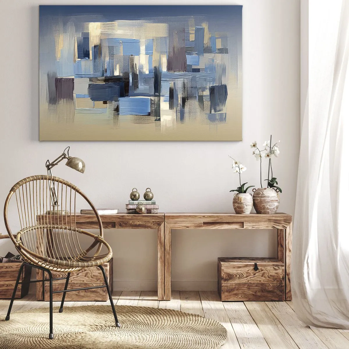 Impression sur toile - Image sur toile - Formes géométriques dans les tons de bleu et de beige - 120x80cm - Construction bleue - Décoration murale moderne pour le salon et la chambre ARTTOR