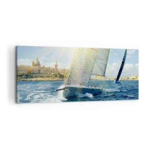 Impression sur toile - Image sur toile - Course de yachts sur fond de côte ensoleillée - 120x50cm - Il est temps de quitter la ville - Décoration murale moderne pour le salon et la chambre ARTTOR